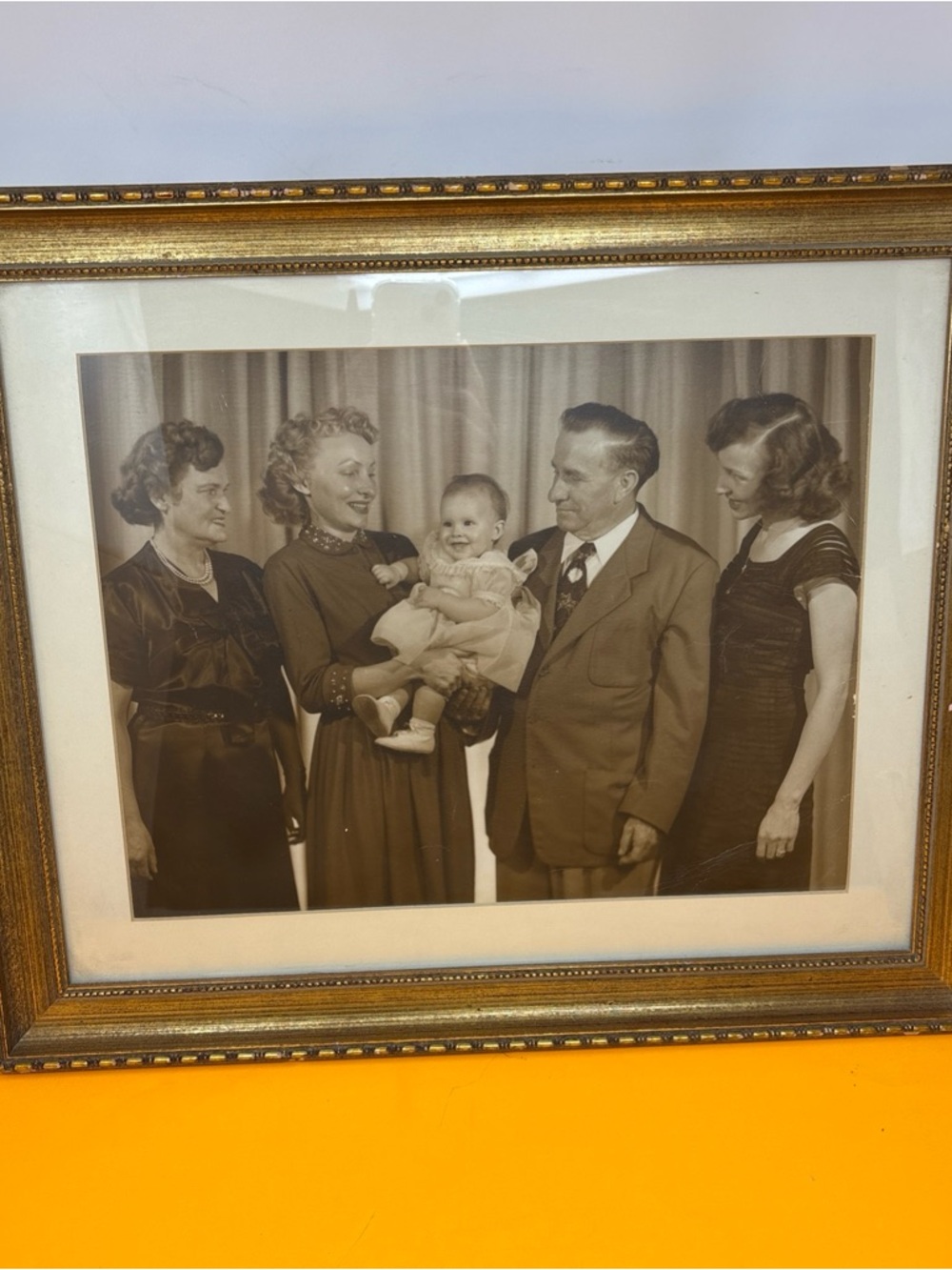 Vintage Gold Framed Family Portrait with cute baby picture used great for a biz